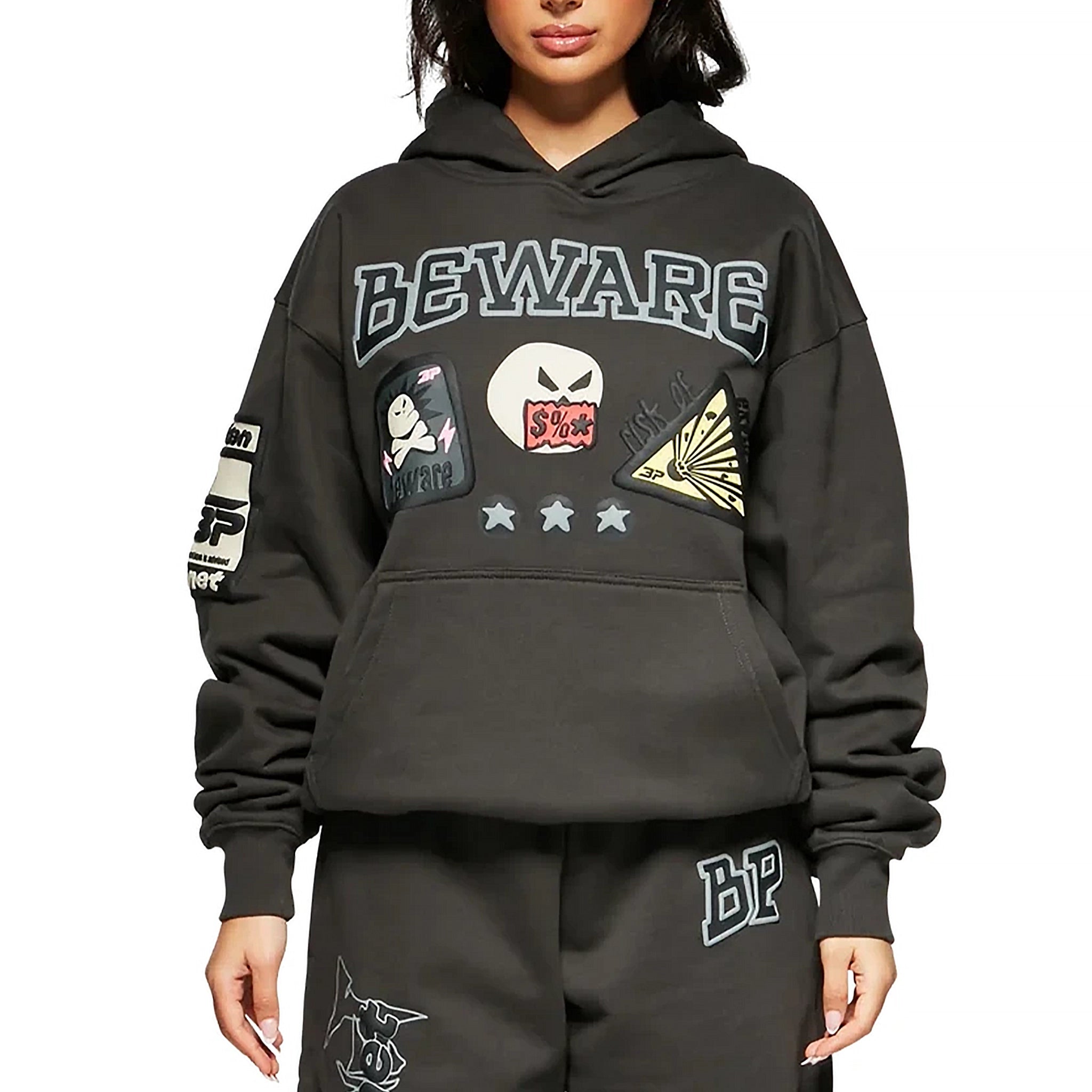 Model female front view of Broken Planet Beware Black Hoodie